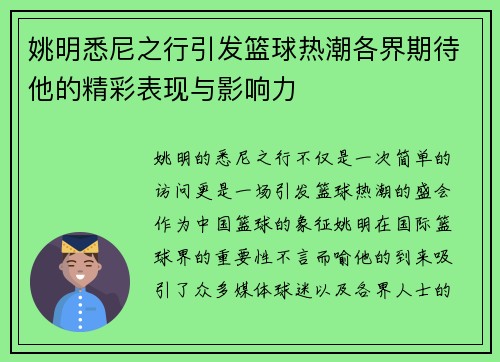 姚明悉尼之行引发篮球热潮各界期待他的精彩表现与影响力