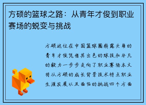 方硕的篮球之路：从青年才俊到职业赛场的蜕变与挑战