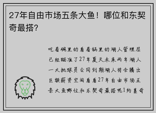 27年自由市场五条大鱼！哪位和东契奇最搭？